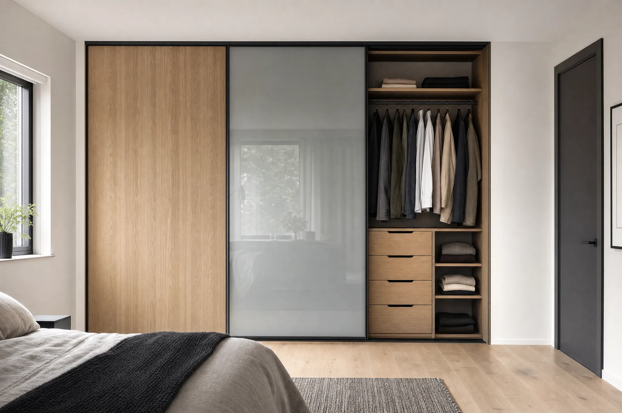 Garderobe fra gulv til tak med skyvedører i eik og frostet glass, én dør åpen